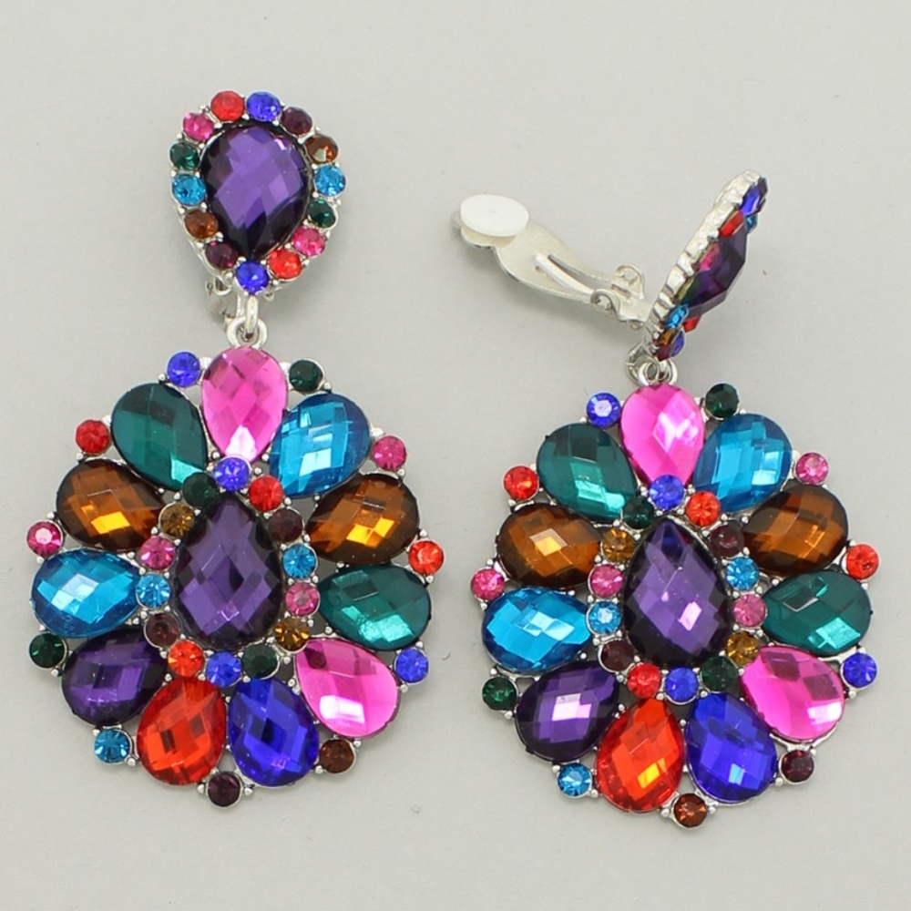 Large MultiColor Crystal Rhinestone Wedding Pageant Prom Formal Clip-On Earrings - Picture 2 of 3